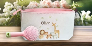 BOLSO MAQUILLAJE de fieltro para niños con estampado de animales de safari personalizado, diseño beige único - Imagen 1 de 3