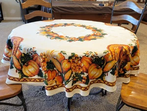 Vintage 70" Runde Damast Thanksgiving Tischdecke Kürbis Ernte Gehöft NEUWERTIG - Bild 1 von 3