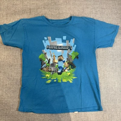 Minecraft JINX Boys Medium T-Shirt Blue Steve Wolf Cat Graphic Tee Gamer Shirt - Image 1 of 4
