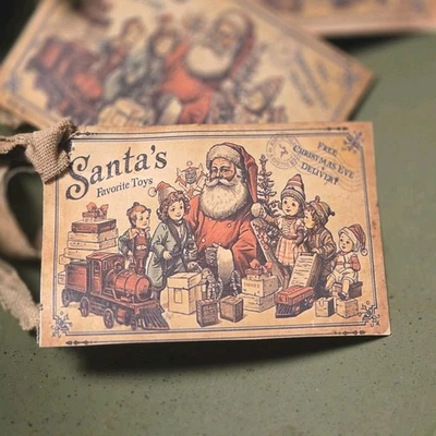 6 Primitive Santas Toys Christmas Gift Hangtags Handcut, Handpunched & Sealed - Image 1 of 3