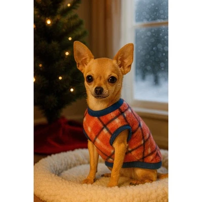 Suéter a Cuadros Rojo Perro Forrado de Vellón Borde Azul Ropa para Mascotas Chaleco Foto 1 de 4