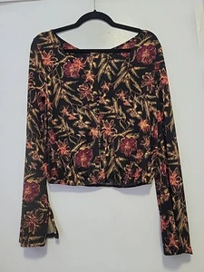 Free People Blouse Black Floral Print V Neck Bell Sleeve Medium  - Picture 1 of 7