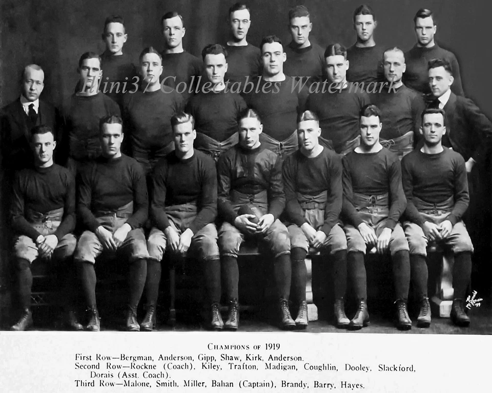 Foto del equipo de 8x10 Notre Dame Fighting Irish Knute Rockne George Gipp 1919 Foto 1 de 1