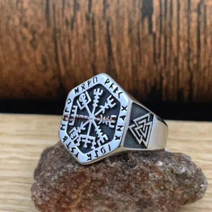Mens Nordic Viking Vegvisir Compass Rune Valknut Ring Stainless Steel Size 9-13 - Picture 1 of 10