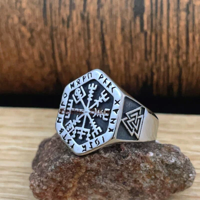 Mens Nordic Viking Vegvisir Compass Rune Valknut Ring Stainless Steel Size 9-13 - Image 1 of 4