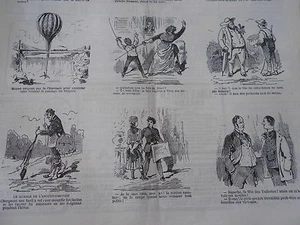 Karikatur 1883 mit 12 Vignetten 1 Fechten 1 Ballon Aerostation Old Print - Bild 1 von 2