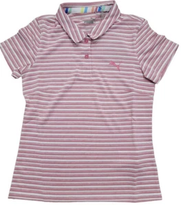 PUMA Junior Girls Medium Stripped Pink White Short Sleeves Golf Polo DRYCELL - Picture 1 of 7