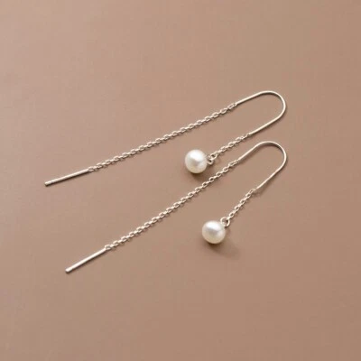 925 Sterling Solid Silver 5Mm Freshwater Pearl Threader Pull Through Earrings - Image 1 of 4