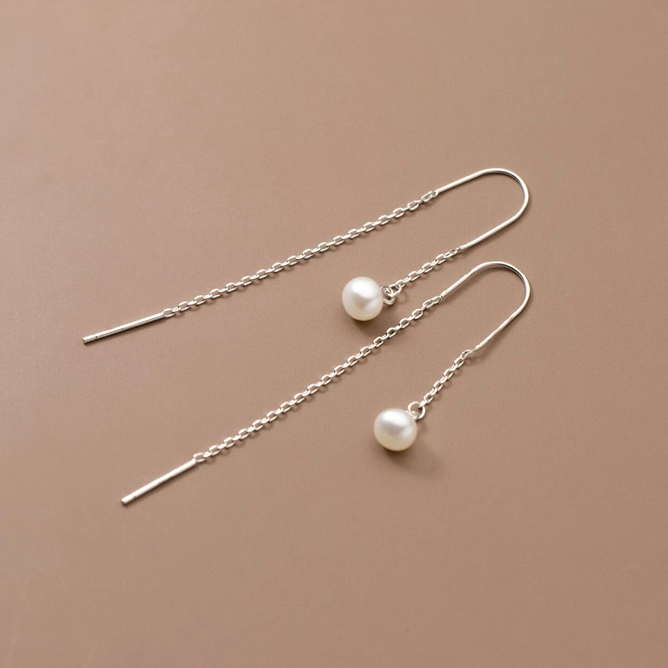 925 Sterling Solid Silver 5Mm Freshwater Pearl Threader Pull Through Earrings - Image 1 of 4
