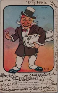 ESSIG VALENTINE SIGNIERT MYER-THE BUILDER-IN TOP MÜTZE HÄLT HAUSPLÄNE-GEDICHT - Bild 1 von 2