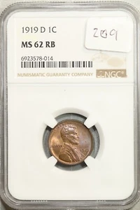 1919 D Lincoln Wheat Cent 1c NGC MS 62 RB Uncirculated #8-014 *Lightly Toned* - Picture 1 of 2