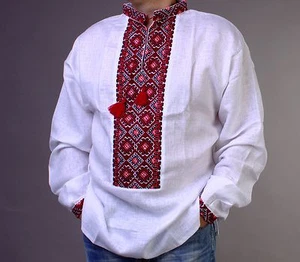 YSHYVANKA Men's Ukrainian handmade Embroidery White Red Black - Picture 1 of 6