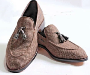 Herren Handgefertigte Schuhe Tweed Stoff Atemberaubende Halbschuhe & Slipper Quasten Formelle Stiefel - Bild 1 von 6