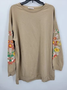 Por La Cara Top Womens 46 Brown Floral Embroidered Balloon Sleeve Pullover Tunic - Picture 1 of 8