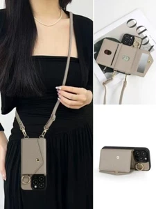 Leather Case For iPhone 16 15 14 Pro Max 13 12 Card Wallet Mirror Lanyard Cover - Picture 1 of 30
