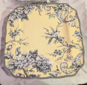 222 Fifth ADELAIDE Pattern Yellow 11” Square Dinner Plate Bird French Toile - Picture 1 of 6