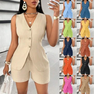 2PCS Womens Tracksuit Summer Tank Tops + Shorts Linen Cotton Outfits Co Ords Set - Picture 1 of 31