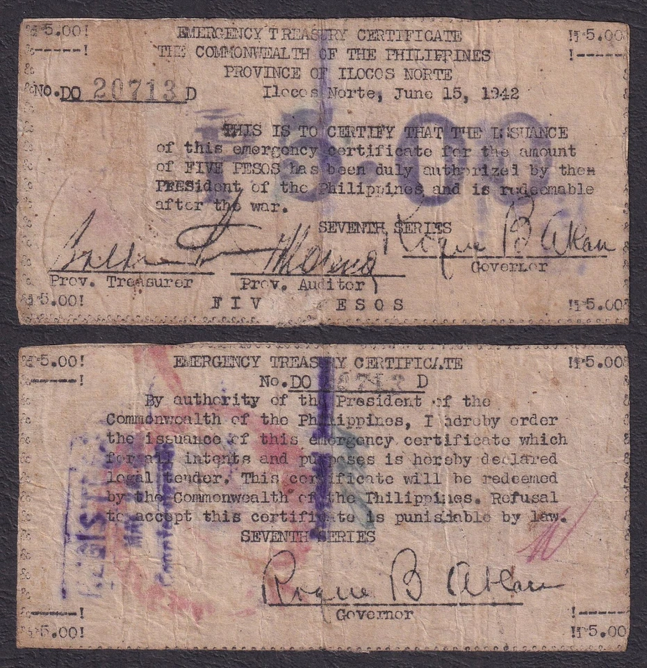 WW2 US Philippines 5 Pesos ILOCOS NORTE Registered Emergency Treasury Certificat - Image 1 of 4
