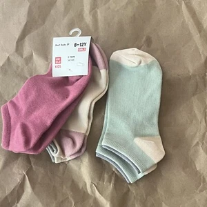 New Uniqlo Kids Short Socks Beige Pink Mint  Colorblock 8-12 Years Old 3 Pairs - Picture 1 of 2