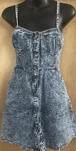 Vtg 90s Bongo Acid Wash Jean Small Stretch Dress Summer Spagetti Strap Snaps - Picture 1 of 10