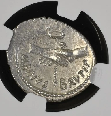 Albinus Brutus PIETAS HAND NGC AU Julius Caesar Assassin Ancient Silver Coin 452 - Image 1 of 4