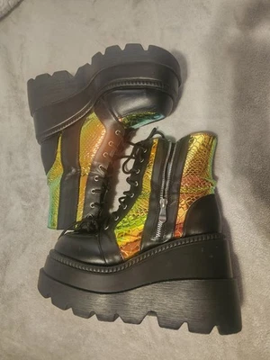 Holographic Snakeskin And Black Leather Platform Boots - Image 1 of 4