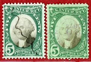 US 1871-74, #RB5a, RB5b, $5 Violet  Paper, Green Paper, Used, SCV $175+250=$425. - Picture 1 of 2