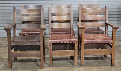 Set of 6 Stickley Arts & Crafts Oak Dining Chairs Leather Seats Gustav Stickley - Image 1 of 4