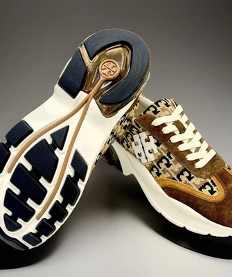 TORY BURCH GOOD LUCK SNEAKER TRAINER T LOGO KNIT/NEW CREAM/CHESTNUT SZ US 8 NIB - Image 1 of 4