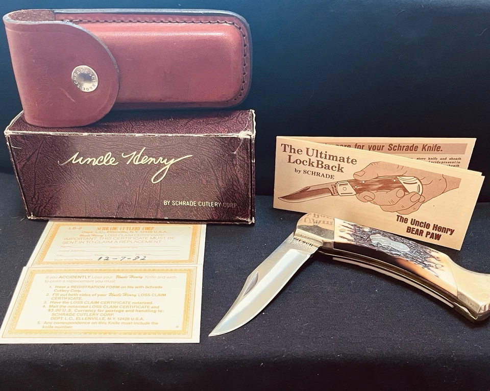 Cuchillo plegable Schrade Tío Henry Modelo LB8 con funda de cuero y caja Foto 1 de 4