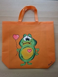 Shopper handbemalt Frosch, Baumwolle Orange 45x40x12 cm, Künstler‑Unikat - Bild 1 von 7