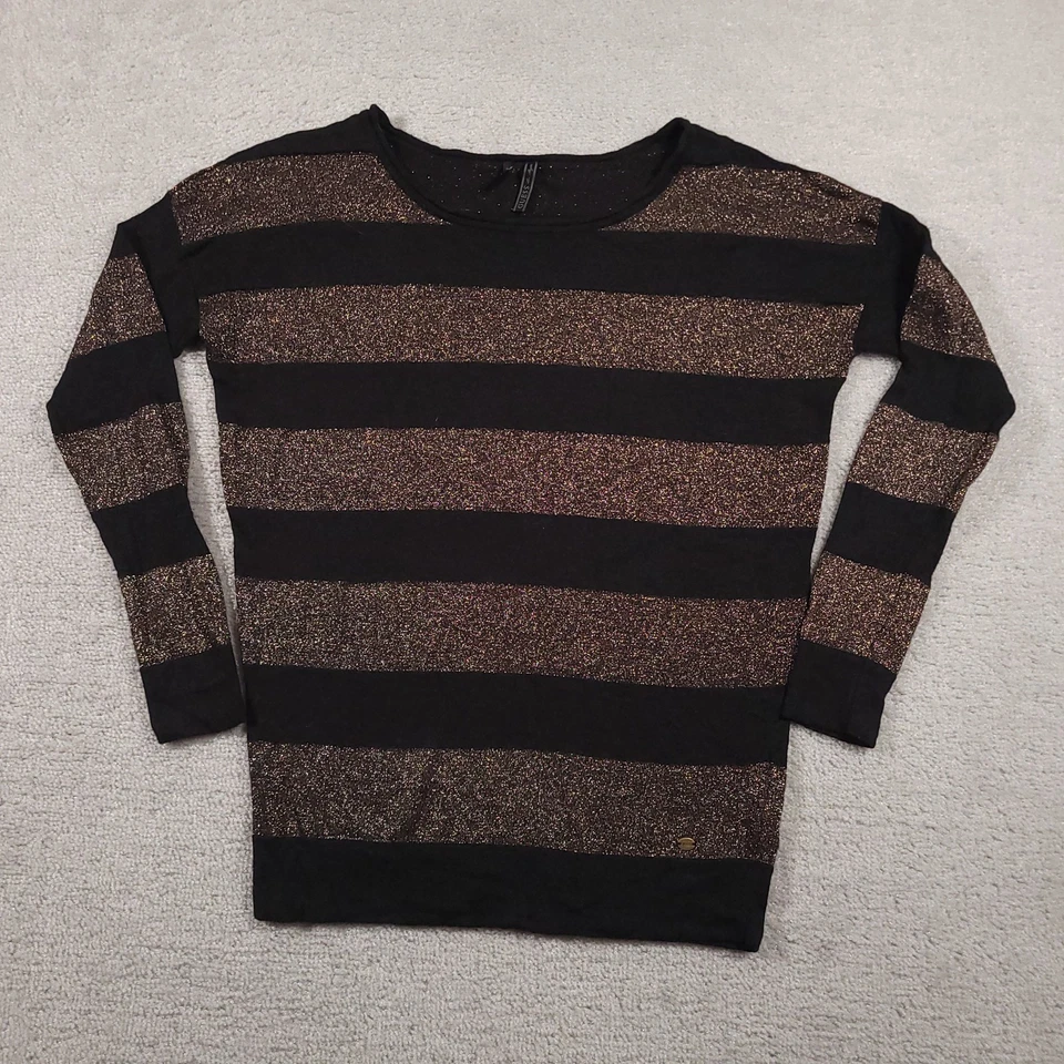 Suéter Guess Mujer Pequeño Negro Bronce Brillo Rayas Manga Larga Pullover Top Foto 1 de 4