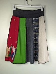 Handmade Christmas Sweater Skirt Medium Upcycled Patchwork Stretch Cottagecore - Picture 1 of 4