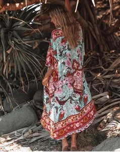 Happie Queens Green Peacock Print Bat Sleeve Kimono Robe v Neck Cover-Ups - Picture 1 of 17