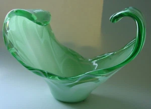 Vintage Murano Glass Green Bowl Mid 20th C. Upward Curved Sides Size-10x9x7 in - Picture 1 of 13