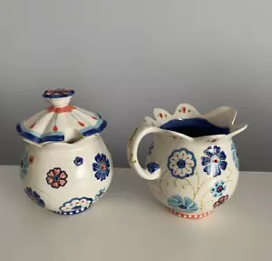 Anthropologie Floral Ceramic Creamer & Sugar Set Ivory Green Vine Pattern - Picture 1 of 5