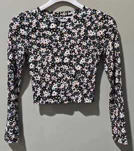 Wild Fable Women's XS Black Floral Print Long Sleeve Ribbed Slim Fit Tee Top - Picture 1 of 8