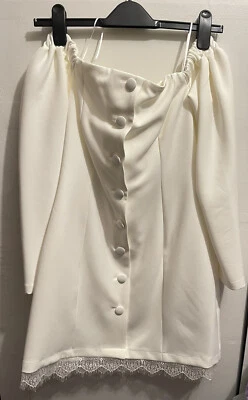 Topshop女式露肩白色蕾丝组合纽扣连衣裙-全新带标签-6码 — 第 1/4 张图片