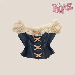 🙂 🙂 Handgefertigt Bratz inspiriert Y2K Denim Schnürtüll Milchmädchen Top Größe Small - Bild 1 von 9