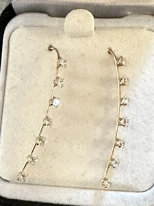 14K Yellow Gold JCM Diamonique CZ Trilogy Earrings 11/2 Inches Long 1.7+ Grams - Picture 1 of 8