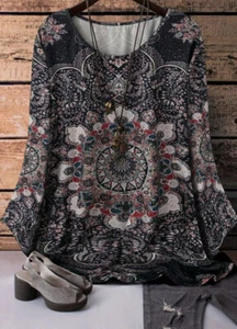 PLUS SIZE 18 20 22 24 BLACK MANDALA PAISLEY PRINT TOP BLOUSE T SHIRT STRETCHY - Picture 1 of 3