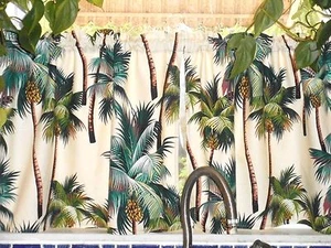 PAIR Tropical Hawaiian 100% Cotton Barkcloth Fabric CAFE' CURTAINS ~Palm Trees~ - Picture 1 of 6