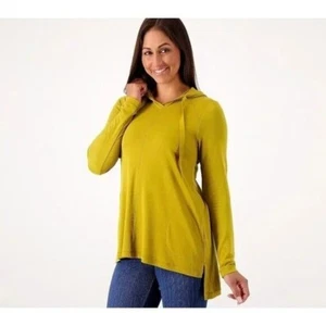 LOGO Lounge by Lori Goldstein Sandwashed Pique Hi Low Hoodie 4X Golden Olive NEW - Picture 1 of 6