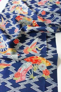 Vintage Japanese Kimono Silk Fabric Blue Crane Fan Floral Craft 154CM(61") - Picture 1 of 12