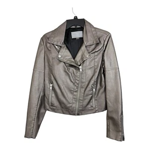 Tart Collections Moto Jacket Sz Medium Gray Vegan Faux Leather Zipper RUN SMALL - Picture 1 of 8