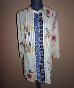 Citron Santa Monica Crane Dragon Asian Art Button Down Pintuck Top Size M - Picture 1 of 4
