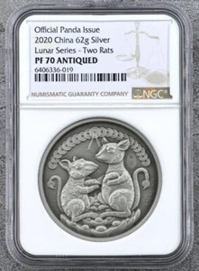 NGC PF70 China 2020 Shengyang Lunar Rat Panda Antiqued Silver Medal 62g COA - Picture 1 of 4