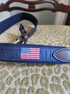 Vineyard Vines Club Belt Boys Size 28 Leather American Flag USA Navy Canvas Silk - Picture 1 of 13