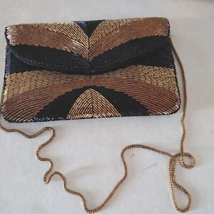 Vintage LA REGALE  Beaded Black Evening Small Bag Clutch Purse, Satin Lining