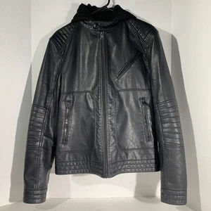 Express Herren Schwarz Kunstleder Biker Motorrad Jacke Reißverschluss Abnehmbare Kapuze - Bild 1 von 24